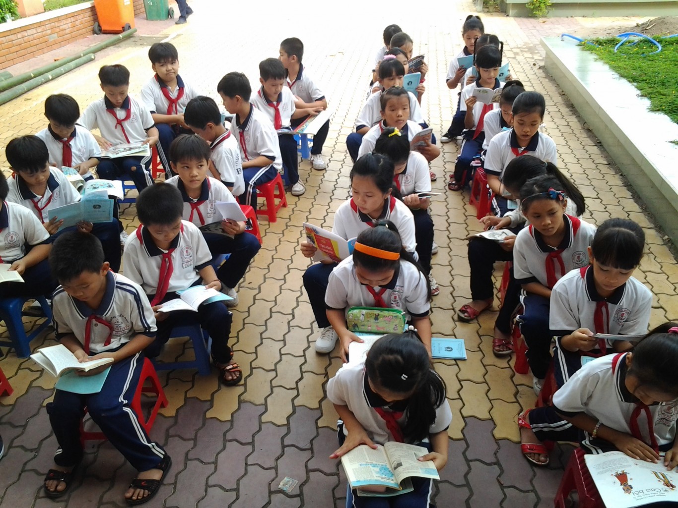 Học sinh đọc sách dưới sân trường